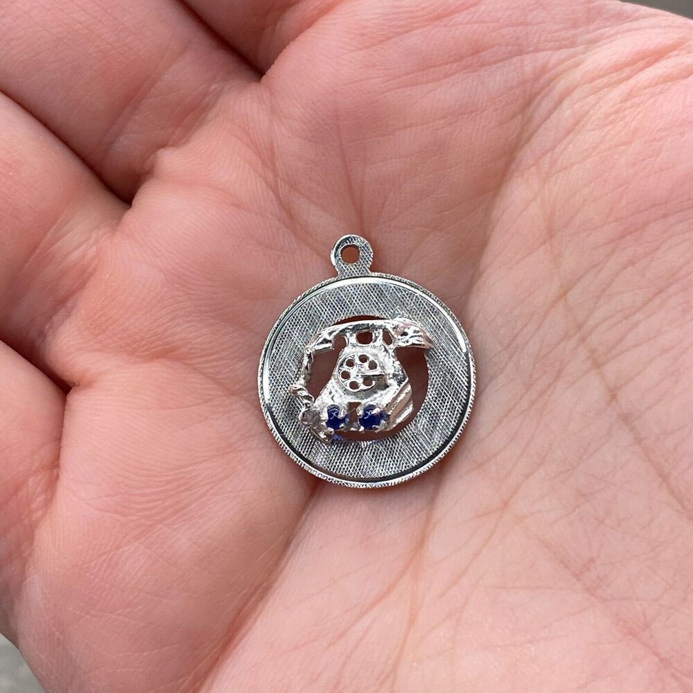 Vintage M&M 925 Sterling Silver Retro Telephone Round Pendant Bracelet Charm